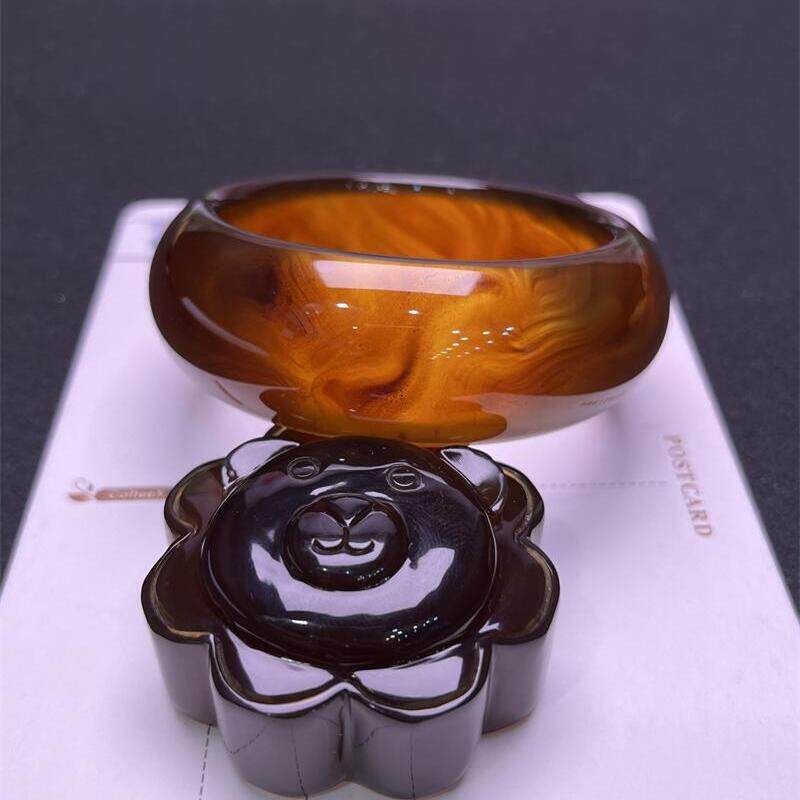 天然缅甸原矿琥珀棕红手镯配琥珀花朵熊56圈口无优化无烤色