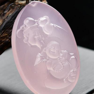 大号巴西天然粉水晶手工雕刻财神佛吊坠毛衣项链两用款59.3g即