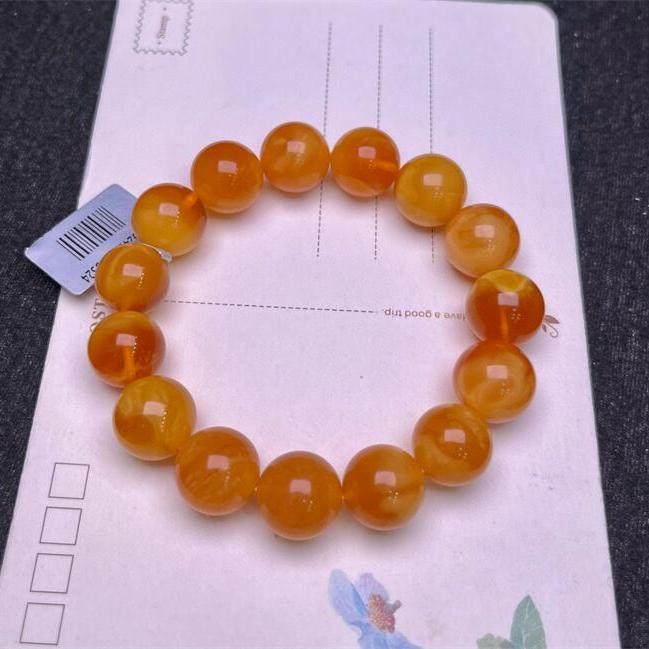 天然欧洲原矿回流蜜蜡手链手串14.4mm妖花纹无优化无烤色琥珀秀