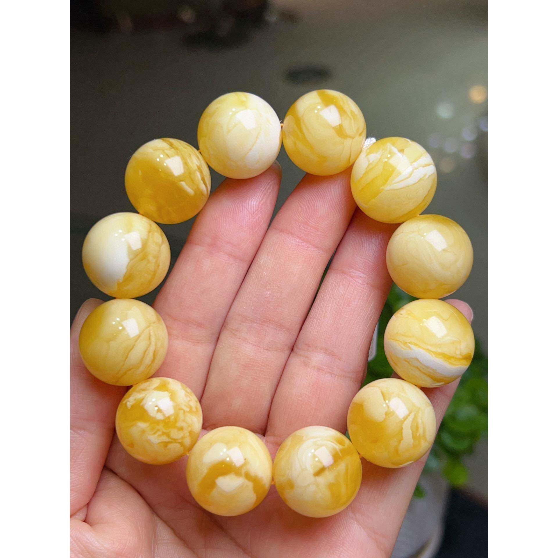 天然原矿俄料白花蜜蜡20mm大圆珠手链重55.98克 妖孽白花纹理xw