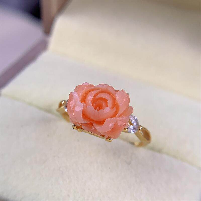 天然台湾莫莫珊瑚牡丹花戒指s925银10x12.5mm原色momo阿卡粉红颂