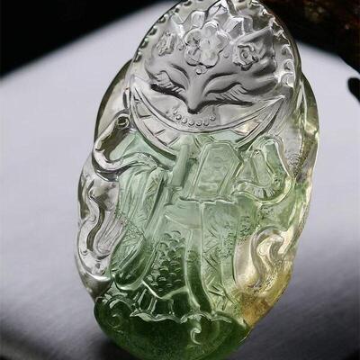 大号巴西天然水晶绿幽灵翠绿俏色九尾狐狸吊坠项链手工雕工38g即