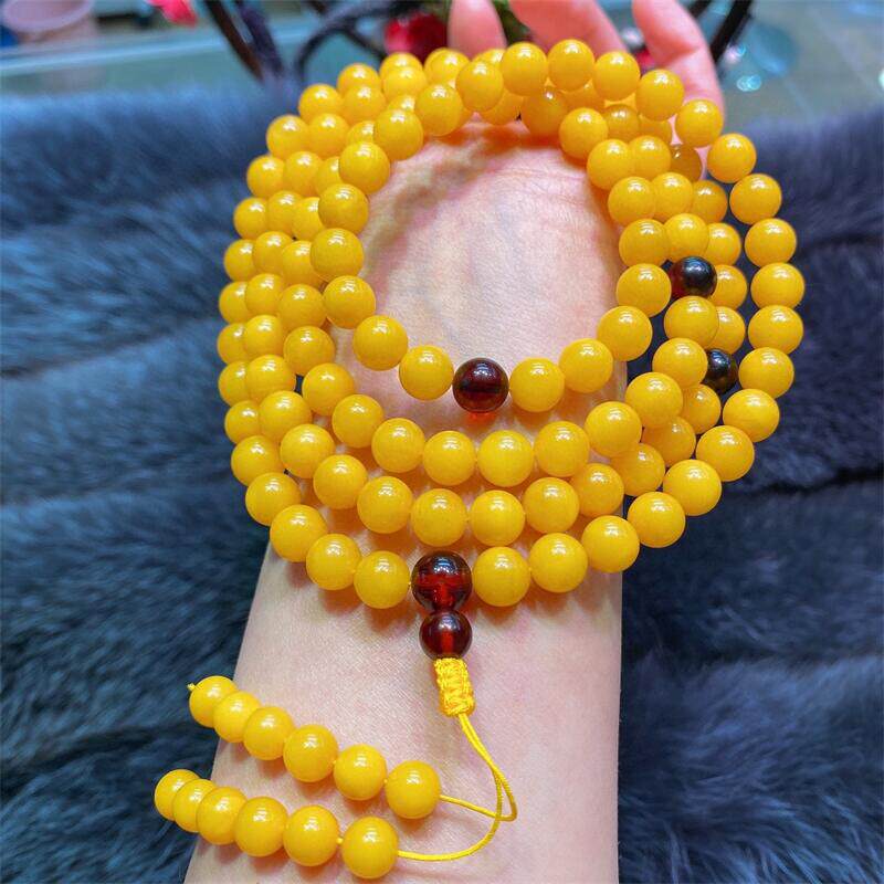 天然俄料原矿鸡油黄蜜蜡108佛珠手串手链8.2mm无优化无烤色琥珀颂