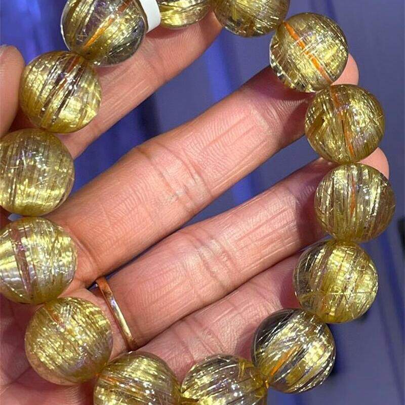 天然水晶巴西料金发晶顺发晶单圈圆珠手串手链16mm猫眼原矿速