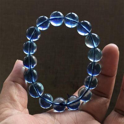 天然水晶海蓝宝手链手串9.5mm收藏级几乎玻璃体补水圣蓝色水晶颂
