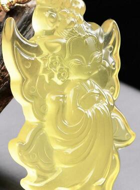 收藏级加大号天然黄水晶手工雕刻天使狐狸吊坠项链全净体86.7g即