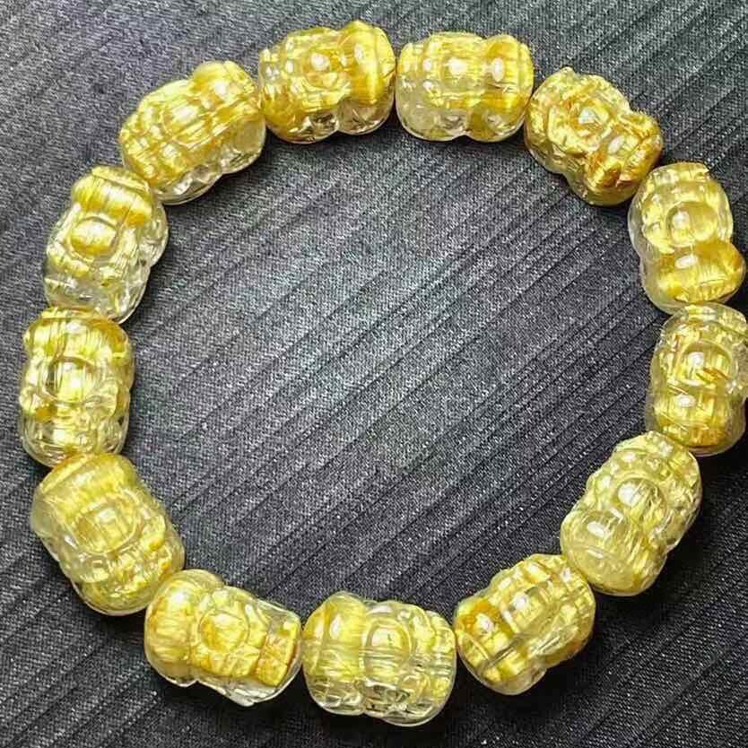 天然水晶巴西金发晶钛晶板钛顺发精雕刻貔貅手链手串58克原矿速
