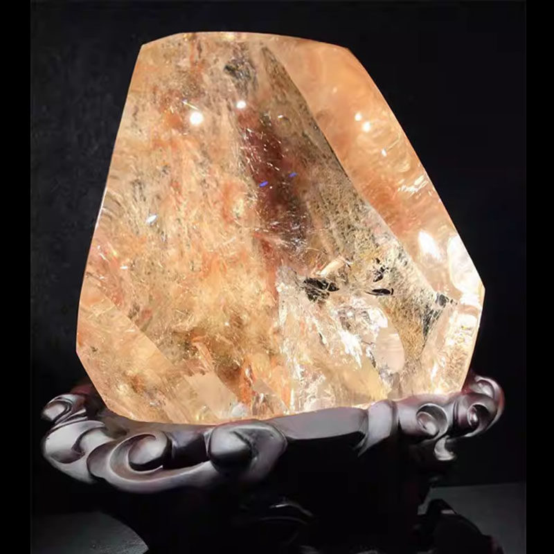 天然水晶巴西金发晶红胶花景石摆件5335克金发晶板钛猫眼原矿速