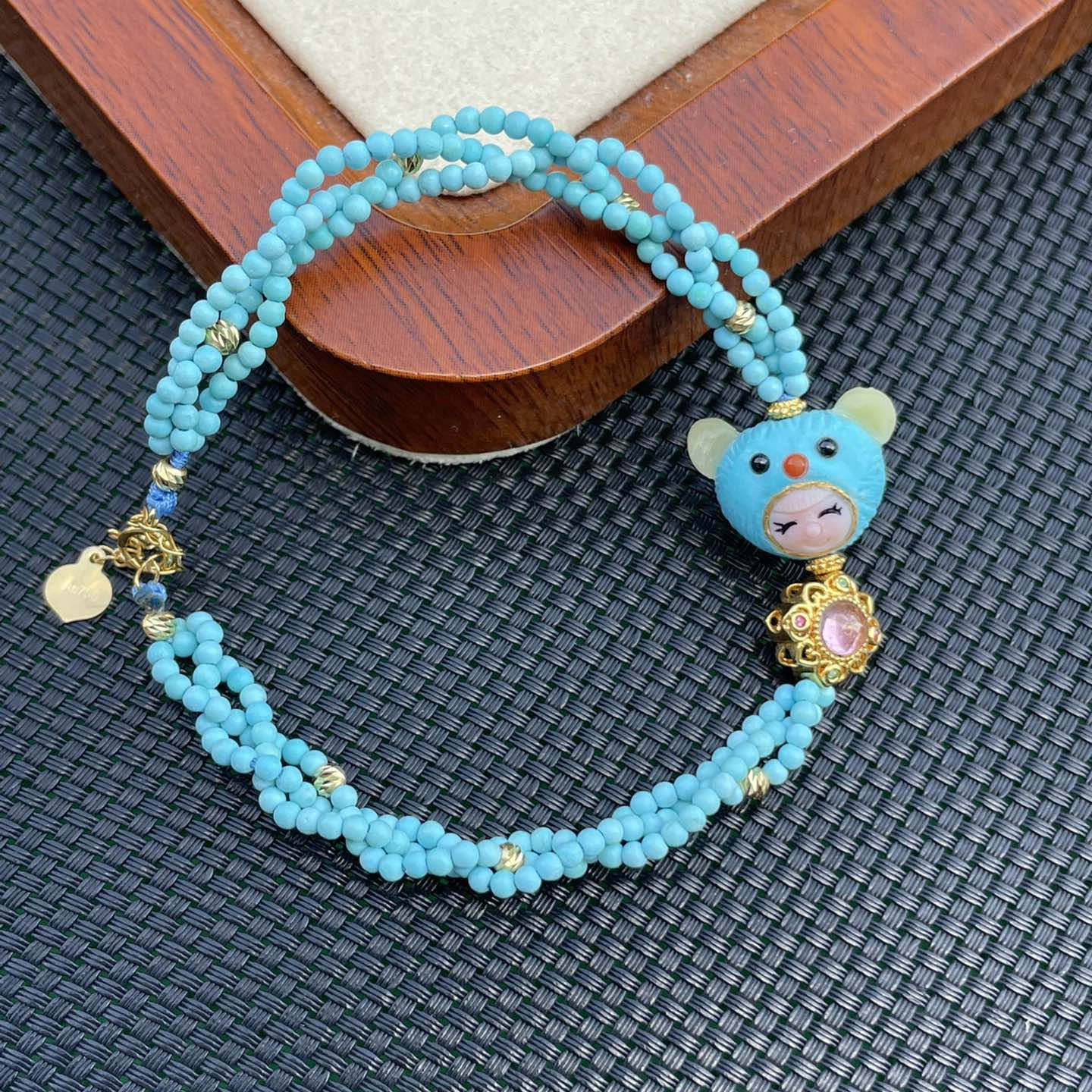 精品天然湖北原矿高瓷蓝绿松石麻花手串手链鼠来宝18k金无油