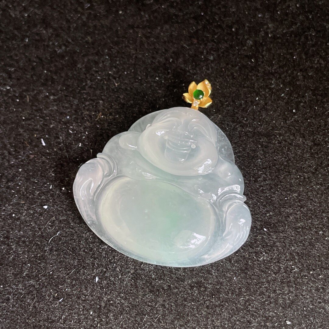 天然缅甸高端翡翠a货18k金冰种佛公吊坠xcbr