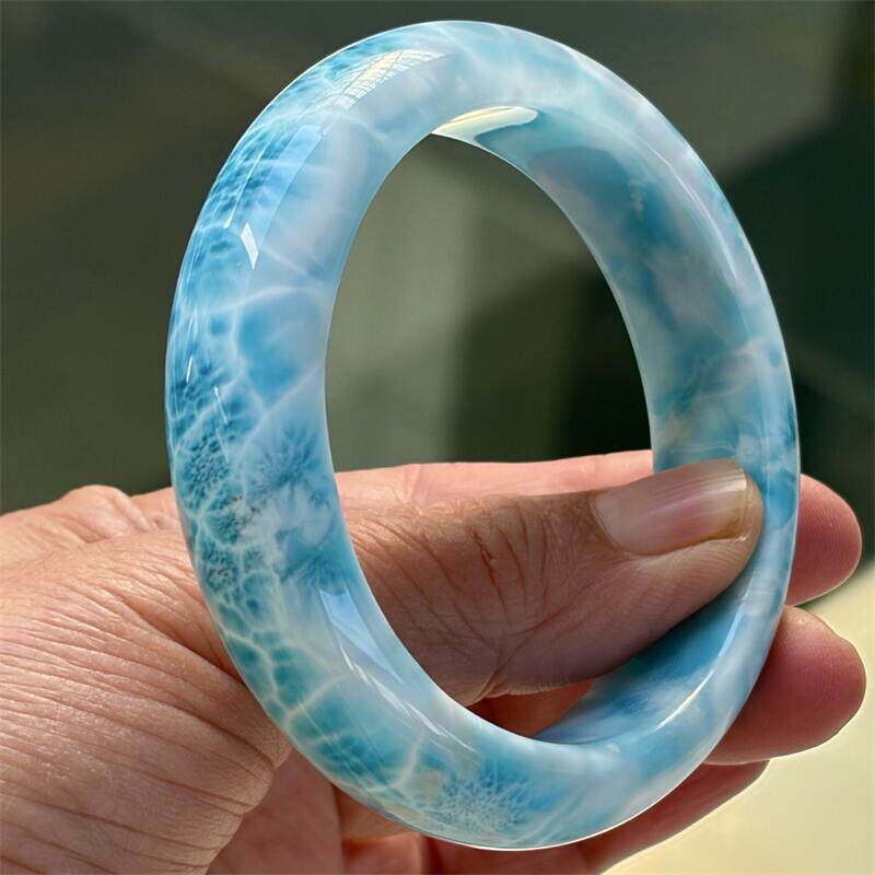 天然水晶多米尼海纹石手镯58圈口满纹玉化针钠钙石收藏级无优化