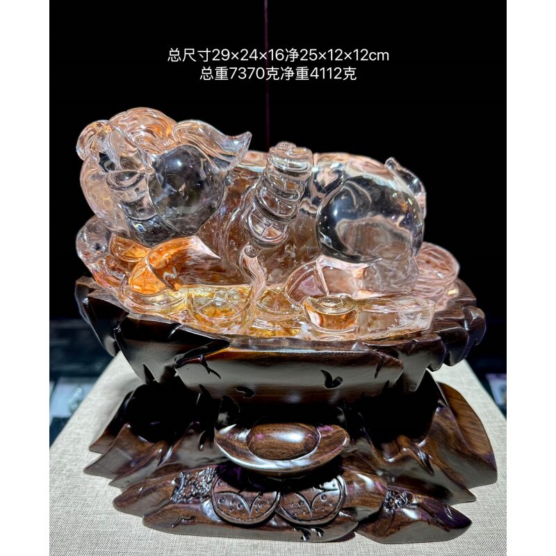 天然巴西原矿白水晶黄兔毛俏色巧雕生肖猪精致摆件摆饰家居办公凯
