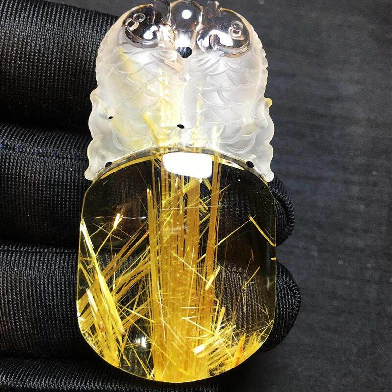 天然水晶巴西钛晶雕刻双鱼项链吊坠22.2克金发晶板钛猫眼原矿贺