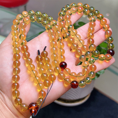 天然超大金珀108颗多圈手链项链两用款9.2mm血珀重52.58克琥珀速