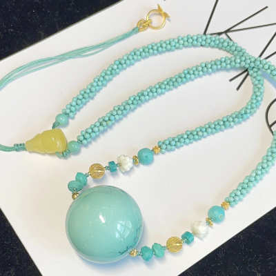 天然湖北原矿绿松石高瓷单珠吊坠果冻料蜜蜡18k金玉米结项链