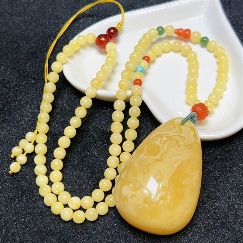 天然原矿俄料蜜蜡水滴吊坠项链搭配天然蜜蜡链无优化无烤色琥珀