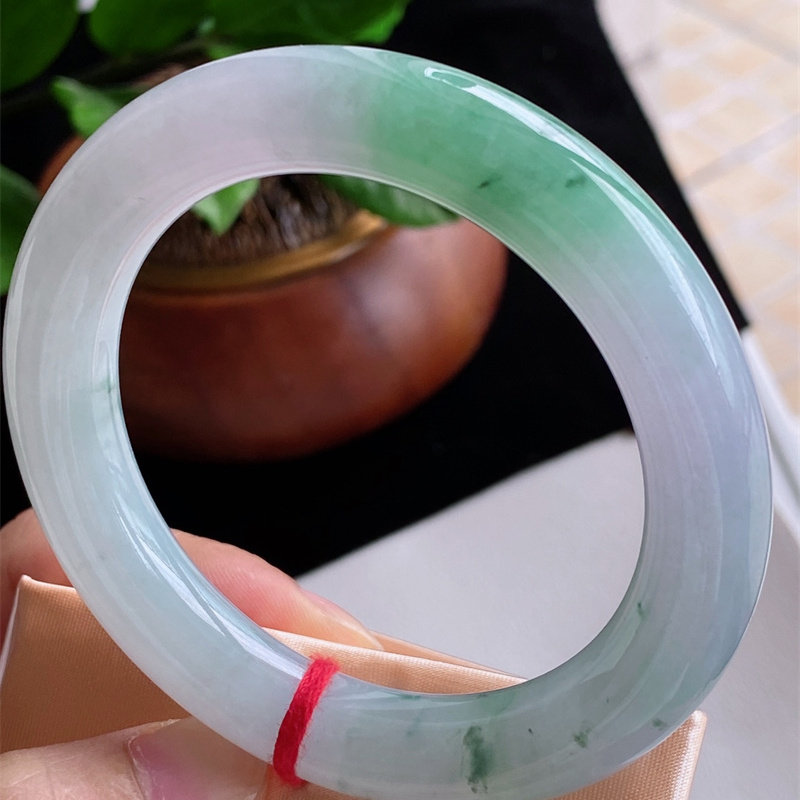 天然缅甸A货a货圈口54-55翡翠收藏级冰种飘花圆条手镯原矿正品即