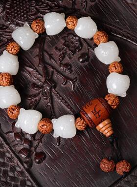 天然和田玉羊脂玉生肖小老虎手链 玉质细腻温润重53.06克配证书hh