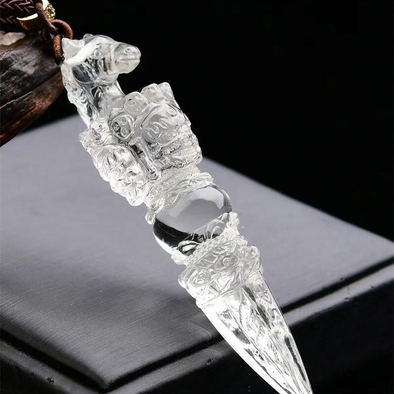天然巴西白水晶法器马头金刚橛降魔杵金刚杵车挂手工雕刻44.3g即