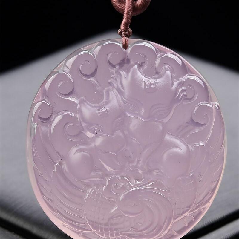 大号天然星光粉水晶手工雕刻九尾狐狸凤凰吊坠项链全净体37.9g即