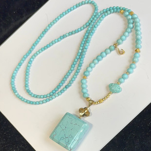 天然湖北原矿高瓷绿松石乌兰花平安无事方牌吊坠项链18k金无油