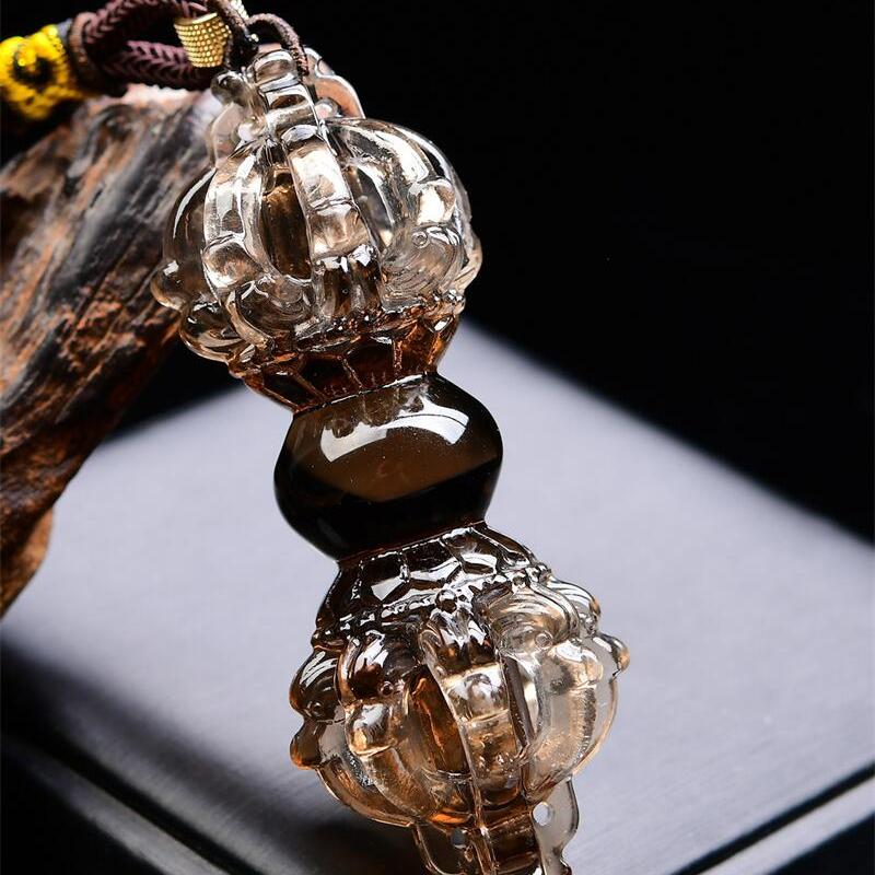 加大号天然巴西茶水晶法器9股降魔杵金刚杵金刚铃车挂雕刻71g即