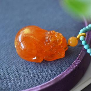 天然俄料原矿鸡油红蜜蜡貔貅女款 项链吊坠26.5克无优化无烤色凯