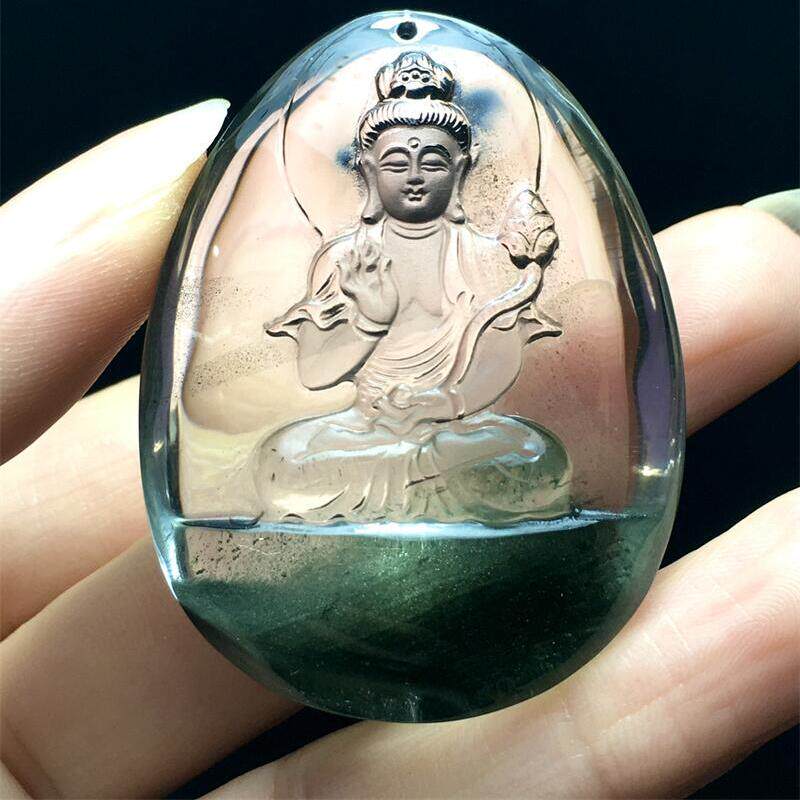 天然水晶绿幽灵聚宝盆生肖马守护神项链吊坠38.6克千层山翠绿