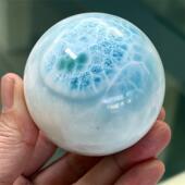 天然水晶多米尼海纹石大球60mm海浪纹玉化浅蓝拉利玛针钠钙石速