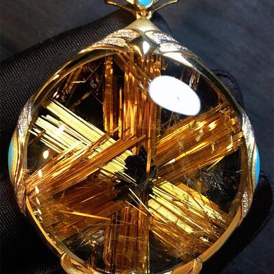 天然水晶巴西钛晶花18k金项链吊坠51克金发晶钛晶板钛猫眼原矿贺