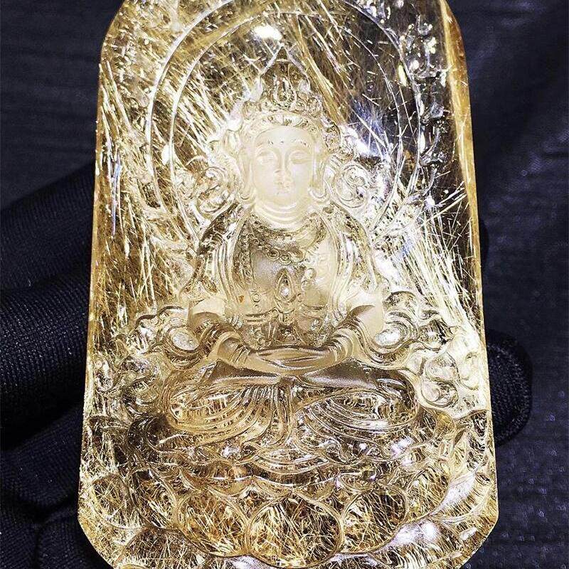 天然水晶巴西老矿金发晶钛晶自在观音项链吊坠139g板钛猫眼原矿贺