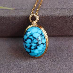 天然湖北原矿绿松石乌兰花蛋面锁骨链吊坠 高瓷高蓝 18k金镶嵌xc0