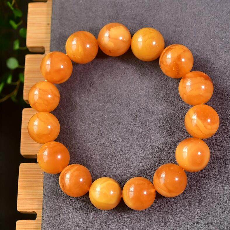 天然欧洲原矿回流老花蜜蜡手链手串15mm满蜜满蜡无优化无烤色秀