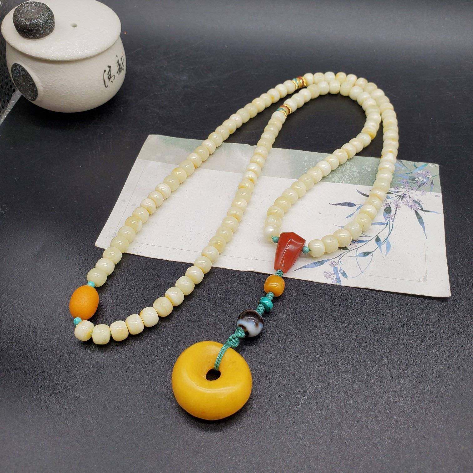 天然原矿蜜蜡7.7mm白蜜老型珠108颗多圈手链项链两用重37.45克dhh