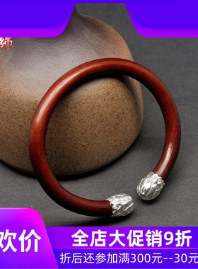 野生西藏山南无节鸡血藤手镯6mm粗以上加银头莲花套头民族风