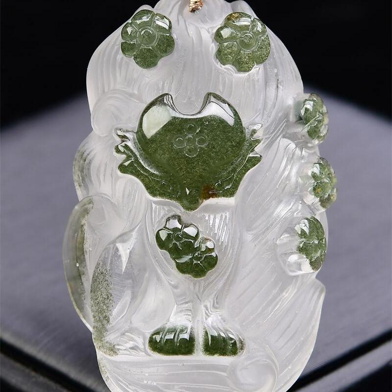 大号天然绿幽灵俏色九尾狐狸花开富贵吊坠项链毛衣链两用款70.8即