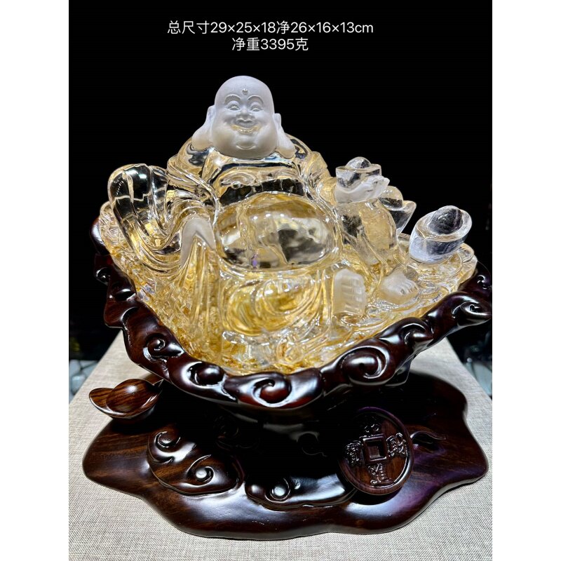 天然巴西原矿白水晶黄胶花景雕原石弥勒佛大摆件摆饰家居办公凯