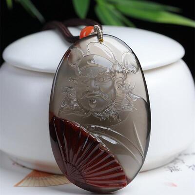 天然水晶巴西蓝兔毛红兔毛双色钟馗项链吊坠63.6克红水晶通透体秀