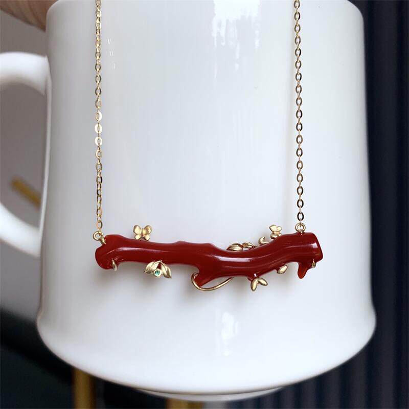天然阿卡赤血珊瑚吊坠项链18k金原色有机宝石牛血红科西嘉礼物凯