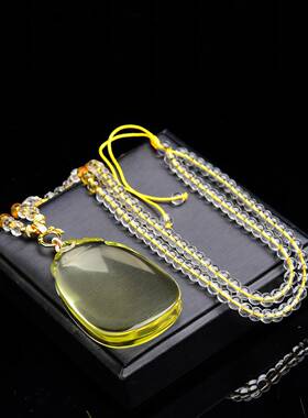 天然巴西黄水晶蓝针平安无事牌吊坠项链 规格59*38*12m重75.4克ss