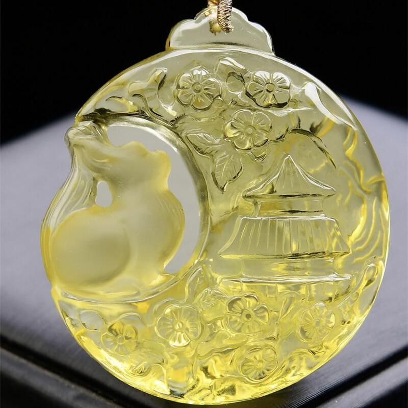 大号天然黄水晶双九尾狐狸吊坠项链毛衣链两用款手工雕工81.7g即