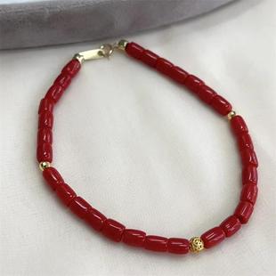 天然深牛血红珊瑚直切桶手串手链阿卡沙丁牛血红深海红科西嘉颂