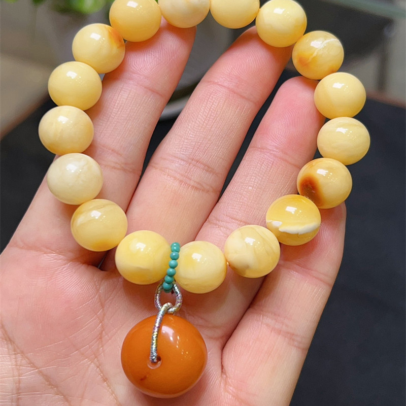 天然俄料原矿蜜蜡白花蜜手链手串12.5mm带原石红皮配老蜡平安扣