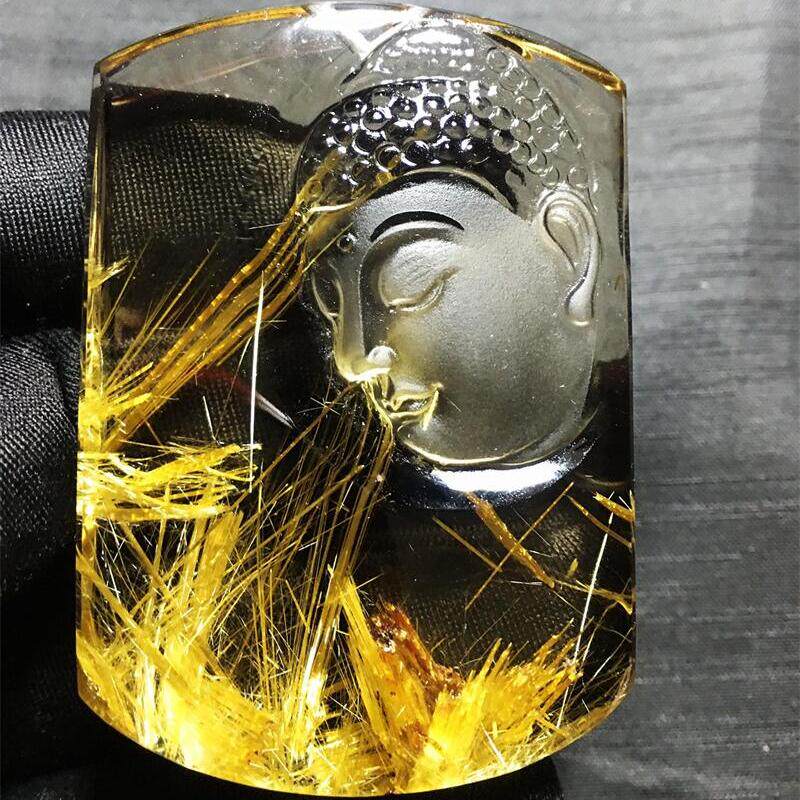 天然水晶巴西钛晶雕刻佛祖项链吊坠74克金发晶钛晶板钛猫眼原矿贺