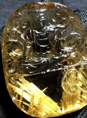 天然水晶金发晶巴西板钛晶猫眼观音菩萨吊坠项链46.9克原矿顺发邮