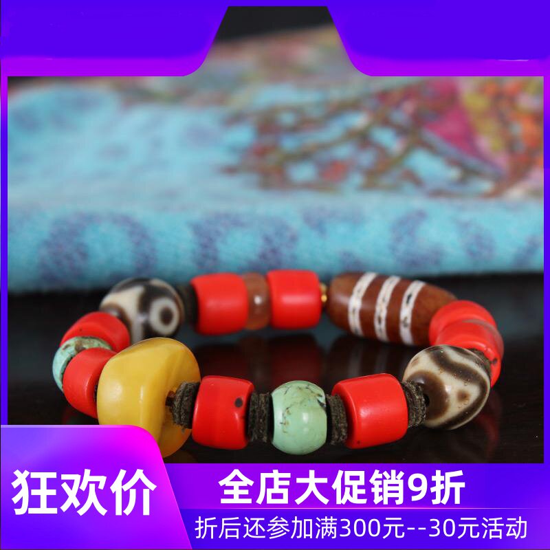 【原创臻品】西藏天珠手串 藏传老雪巴老蜜蜡松石手链 收藏饰品qb