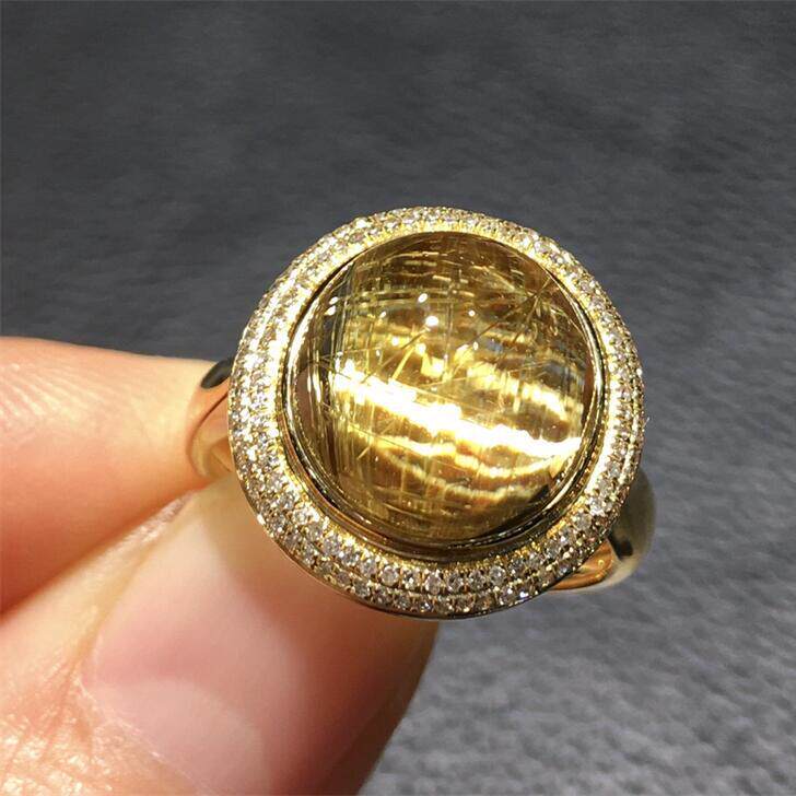 天然巴西水晶钛晶18k金镶嵌戒面戒指圈15.5老矿猫眼板钛顺发速