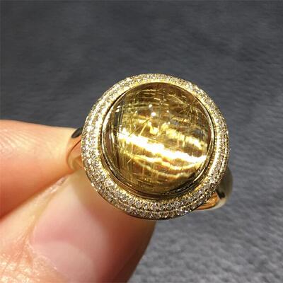天然巴西水晶钛晶18k金镶嵌戒面戒指圈15.5老矿猫眼板钛顺发速