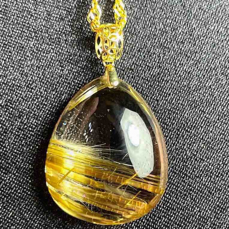 天然巴西水晶板块宽钛晶水滴型18K金镶嵌项链吊坠5克原矿板钛速