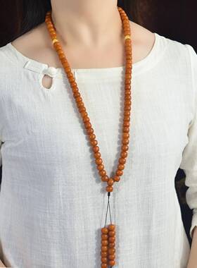 天然俄料橘红皮老蜜蜡10.6mm老型珠108颗佛珠手链项链 重86.9克dj